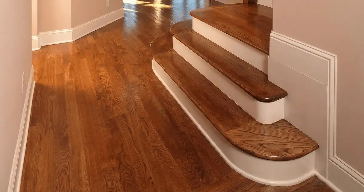 Base floor of a staircase with professionally restored wood flooring in Sarasota FL