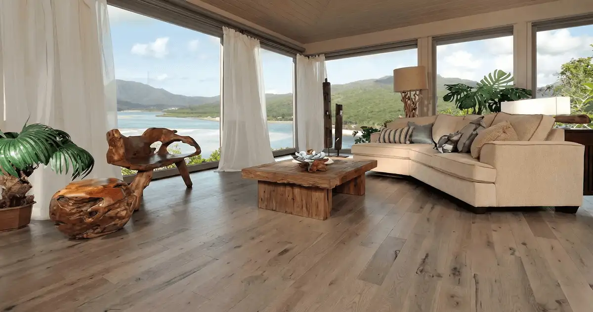 Professionally installed vinyl flooring in a modern living room with large windows in Sarasota, FL